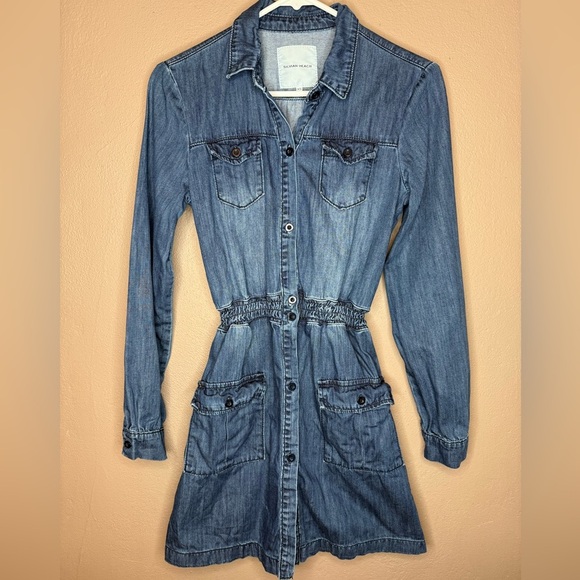 Silvian Heach Denim Cargo 100% Cotton Mini Dress Shirred Waist Button Up Size XS - Picture 4 of 16